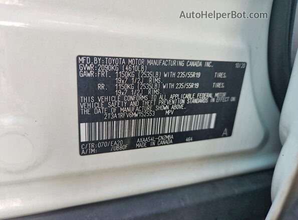 2T3A1RFV6MW152553 2021 TOYOTA RAV4 White Widok naklejki z numerem VIN
