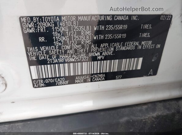 2T3A1RFV6NW257322 2022 TOYOTA RAV4 White Widok komory silnika
