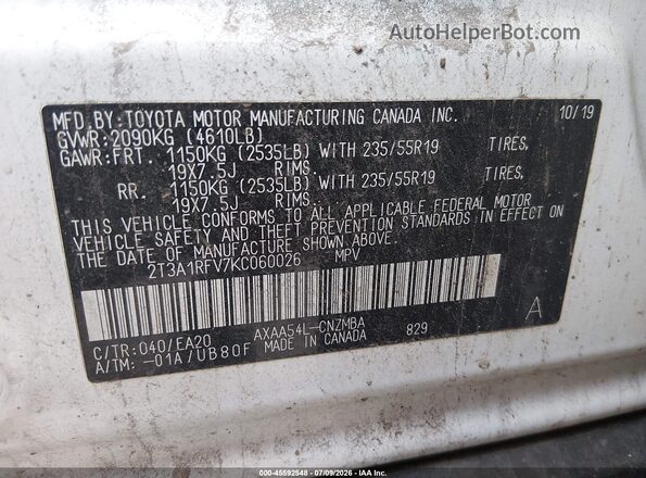 2T3A1RFV7KC060026 2019 TOYOTA RAV4 White Շարժիչի բաժամունքի տեսք