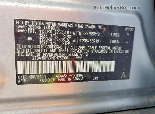 2T3A1RFV7MC175700 2021 TOYOTA RAV4 Silver Widok naklejki z numerem VIN