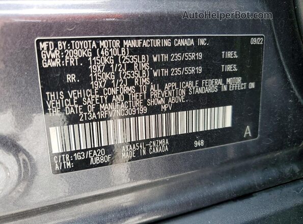 2T3A1RFV7NC309199 2022 TOYOTA RAV4 Gray VIN կոդի պիտակի տեսք