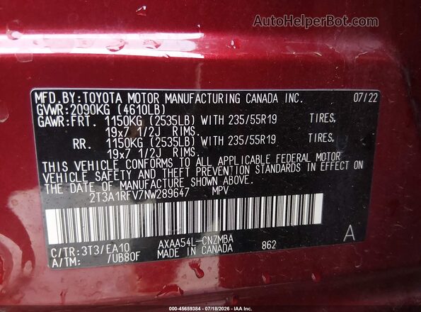 2T3A1RFV7NW289647 2022 TOYOTA RAV4 Red ძრავის განყოფილების ხედი