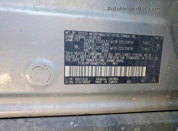 2T3A1RFVXKW071424 2019 TOYOTA RAV4 Silver VIN sticker view