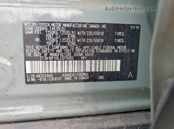 2T3A1RFVXLC070082 2020 TOYOTA RAV4 Green Vista de la etiqueta del VIN