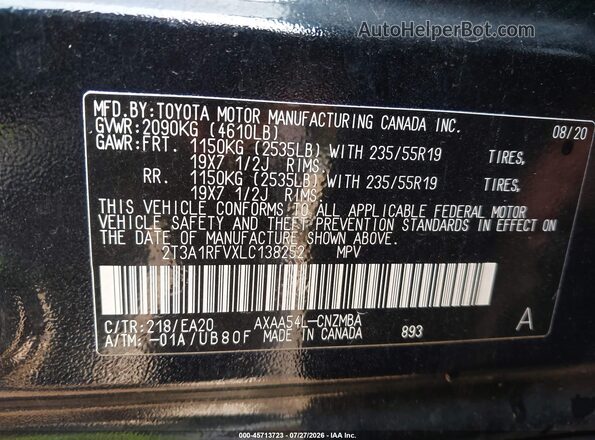 2T3A1RFVXLC138252 2020 TOYOTA RAV4 Black Vista del compartimento del motor