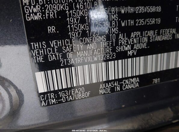 2T3A1RFVXLW132823 2020 TOYOTA RAV4 Gray Engine compartment view