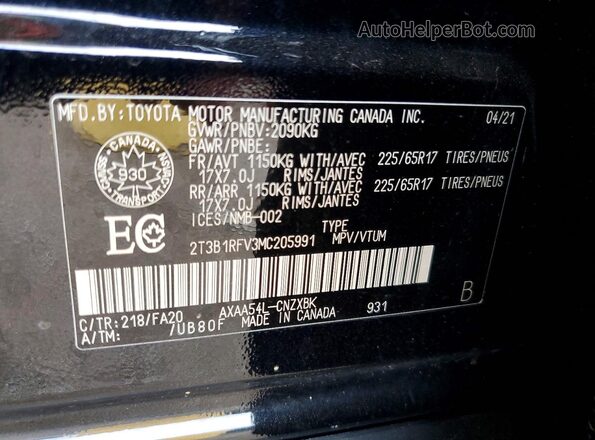 2T3B1RFV3MC205991 2021 TOYOTA RAV4 Black Панорамний вид салону 360°