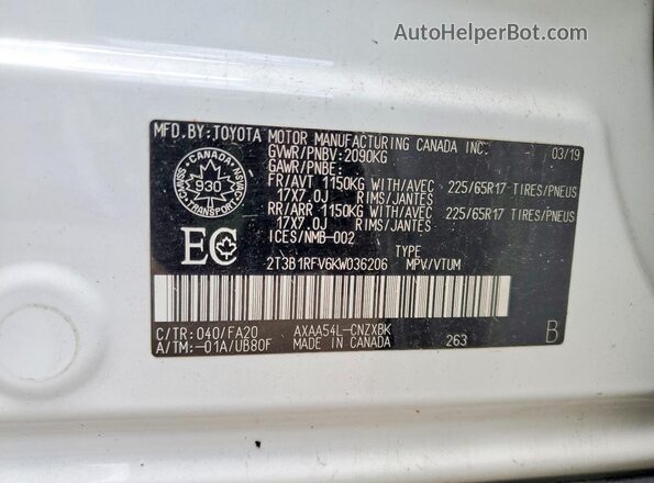 2T3B1RFV6KW036206 2019 TOYOTA RAV4 White სალონის 360-გრადუსიანი ხედი