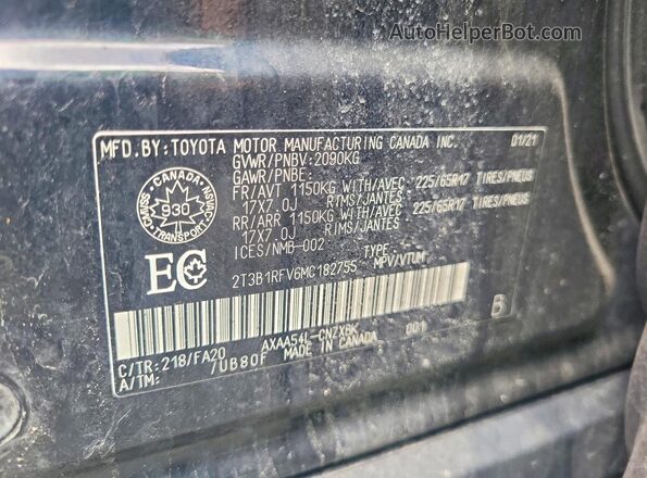 2T3B1RFV6MC182755 2021 TOYOTA RAV4 Black Vista de la etiqueta del VIN