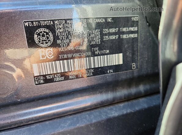 2T3B1RFV6NC324068 2022 TOYOTA RAV4 Gray Vista de la etiqueta del VIN
