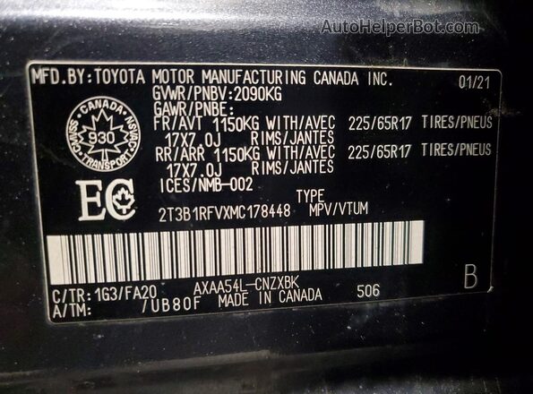 2T3B1RFVXMC178448 2021 TOYOTA RAV4 Gray Vista de la etiqueta del VIN
