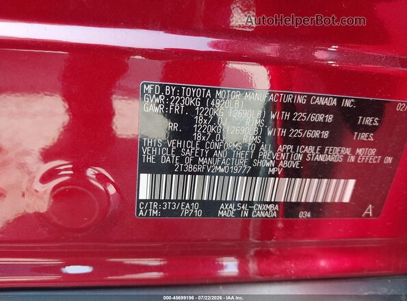 2T3B6RFV2MW019777 2021 TOYOTA RAV4 HYBRID Red Շարժիչի բաժամունքի տեսք