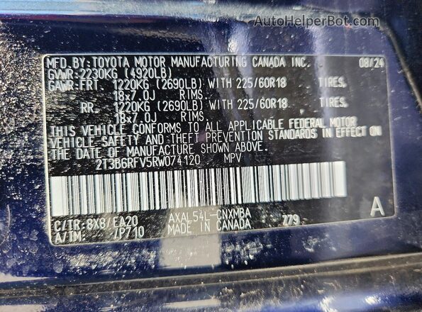 2T3B6RFV5RW074120 2024 TOYOTA RAV4 Blue Вид наклейки з VIN-кодом