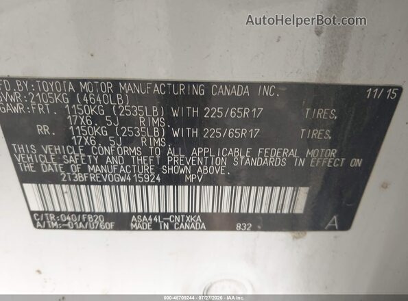 2T3BFREV0GW415924 2016 TOYOTA RAV4 Белый Вид подкапотного пространства