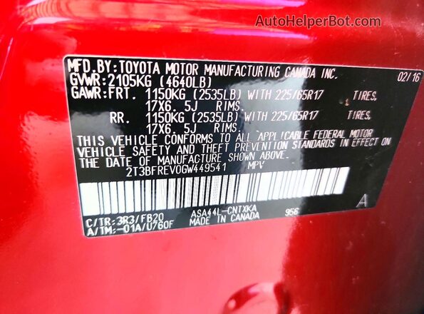 2T3BFREV0GW449541 2016 TOYOTA RAV4 Maroon Вид наклейки з VIN-кодом
