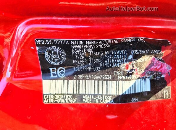 2T3BFREV1GW472634 2016 TOYOTA RAV4 Red Вид наклейки з VIN-кодом