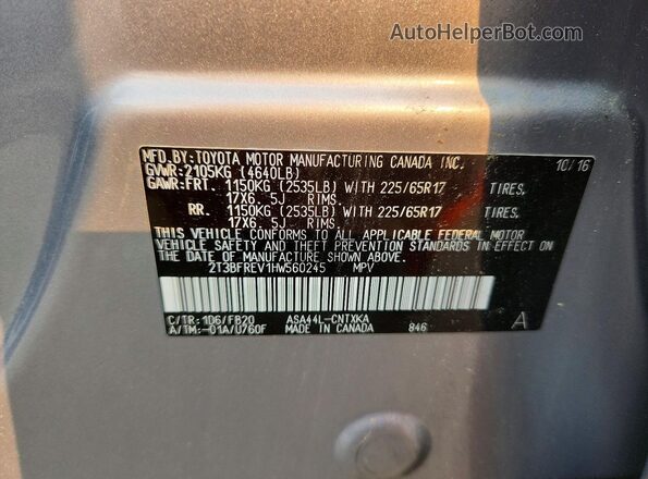 2T3BFREV1HW560245 2017 TOYOTA RAV4 Gray VIN კოდის სტიკერის ხედი