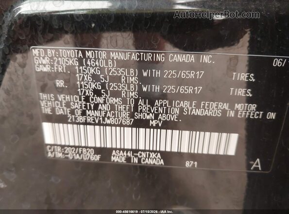 2T3BFREV1JW807687 2018 TOYOTA RAV4 Black Вид підкапотного простору