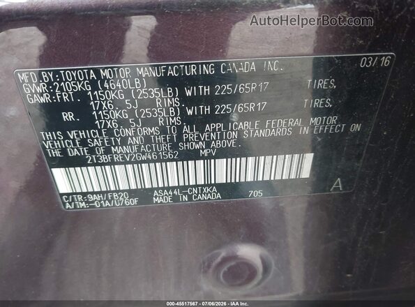 2T3BFREV2GW461562 2016 TOYOTA RAV4 Purple Vista del compartimento del motor