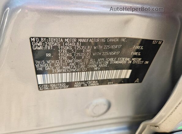 2T3BFREV2HW585123 2017 TOYOTA RAV4 Серебряный Вид наклейки с VIN-кодом