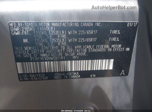 2T3BFREV2HW590581 2017 TOYOTA RAV4 Silver Շարժիչի բաժամունքի տեսք