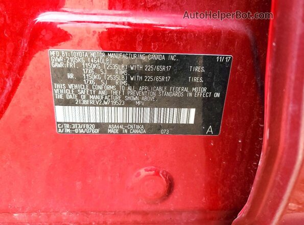 2T3BFREV2JW719523 2018 TOYOTA RAV4 Red VIN sticker view
