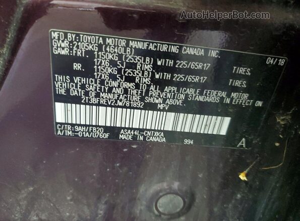 2T3BFREV2JW781892 2018 TOYOTA RAV4 Burgundy VIN կոդի պիտակի տեսք