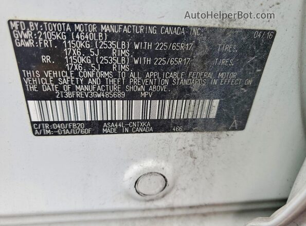 2T3BFREV3GW485689 2016 TOYOTA RAV4 Белый Вид наклейки с VIN-кодом