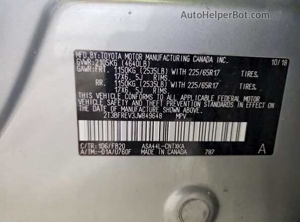 2T3BFREV3JW849648 2018 TOYOTA RAV4 Silver VIN კოდის სტიკერის ხედი