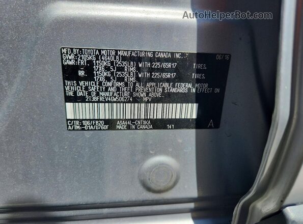 2T3BFREV4GW506274 2016 TOYOTA RAV4 Silver Вид наклейки з VIN-кодом