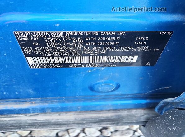 2T3BFREV4HW572230 2017 TOYOTA RAV4 Blue Вид наклейки з VIN-кодом
