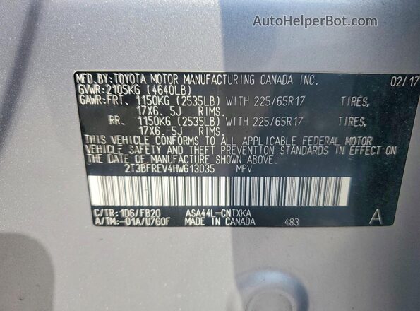2T3BFREV4HW613035 2017 TOYOTA RAV4 Silver Vista de la etiqueta del VIN