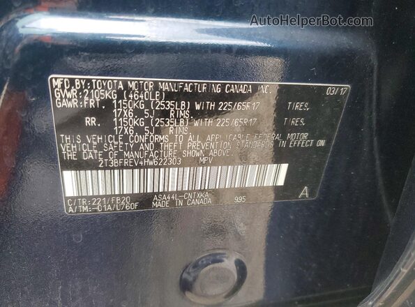 2T3BFREV4HW622303 2017 TOYOTA RAV4 Синий Вид наклейки с VIN-кодом