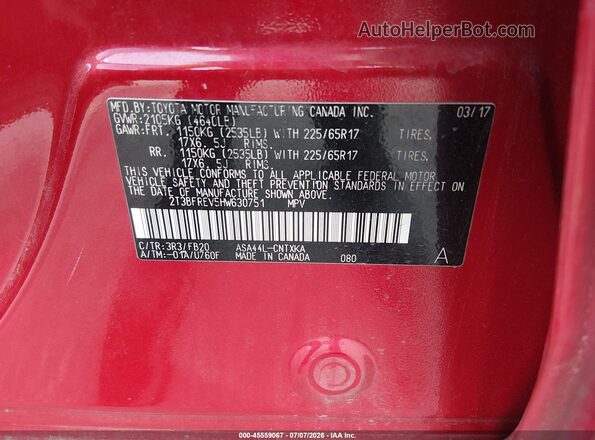 2T3BFREV5HW630751 2017 TOYOTA RAV4 Red ძრავის განყოფილების ხედი