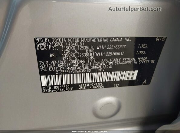 2T3BFREV5HW635450 2017 TOYOTA RAV4 Silver Widok komory silnika