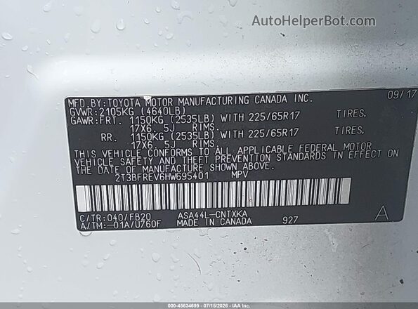 2T3BFREV6HW695401 2017 TOYOTA RAV4 White Вид підкапотного простору