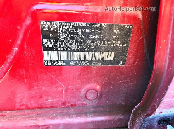 2T3BFREV6JW742237 2018 TOYOTA RAV4 Красный Вид наклейки с VIN-кодом