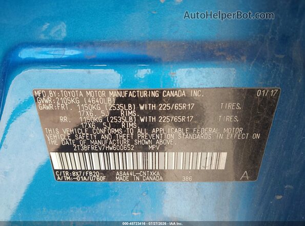 2T3BFREV7HW600652 2017 TOYOTA RAV4 Blue Շարժիչի բաժամունքի տեսք