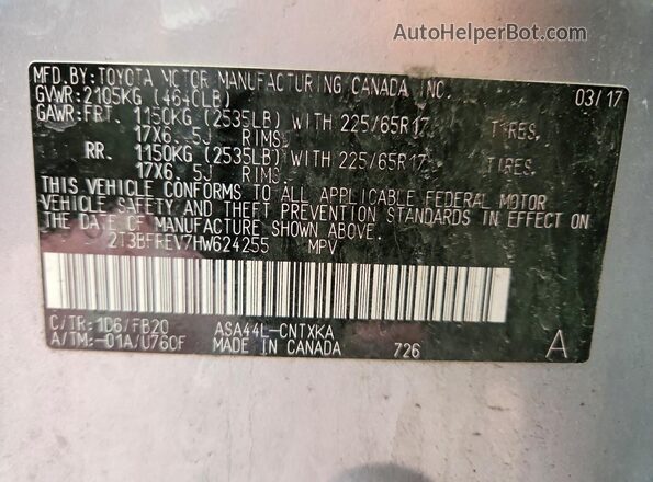 2T3BFREV7HW624255 2017 TOYOTA RAV4 Silver Vista de la etiqueta del VIN