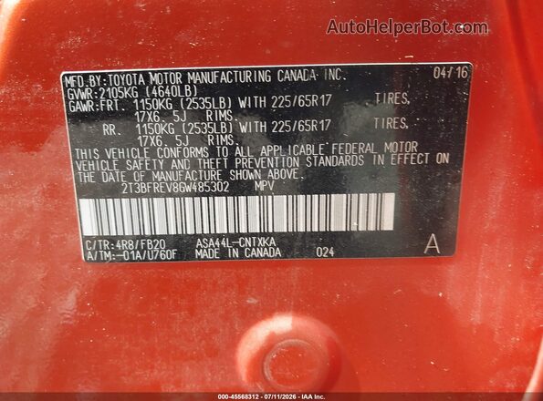 2T3BFREV8GW485302 2016 TOYOTA RAV4 Orange Vista del compartimento del motor