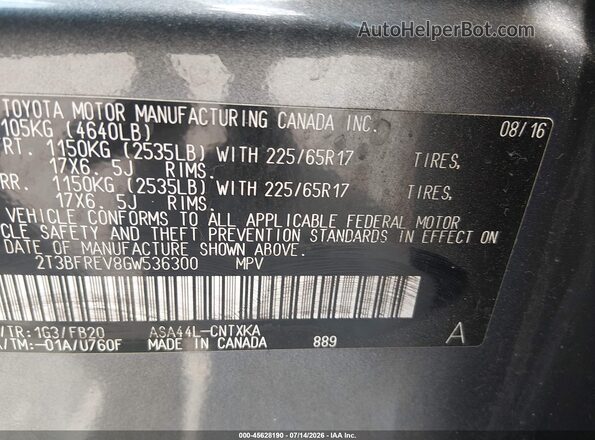 2T3BFREV8GW536300 2016 TOYOTA RAV4 Gray Vista del compartimento del motor