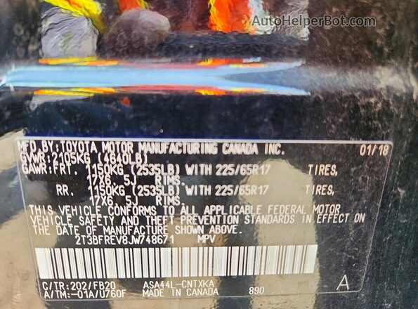 2T3BFREV8JW748671 2018 TOYOTA RAV4 Black Вид наклейки з VIN-кодом