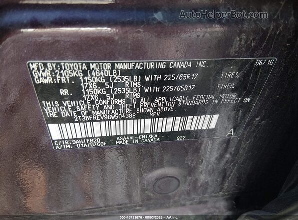 2T3BFREV9GW504388 2016 TOYOTA RAV4 Burgundy Շարժիչի բաժամունքի տեսք