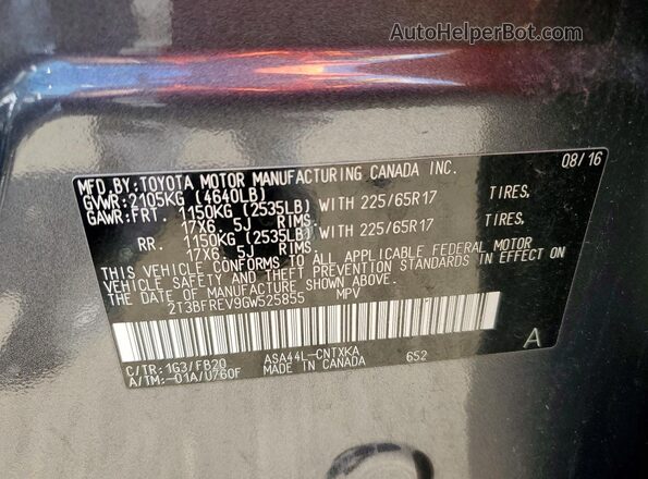 2T3BFREV9GW525855 2016 TOYOTA RAV4 Gray Widok naklejki z numerem VIN