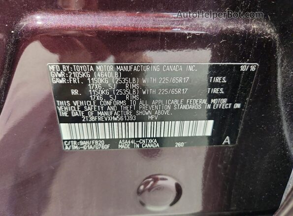 2T3BFREVXHW561393 2017 TOYOTA RAV4 Purple VIN կոդի պիտակի տեսք