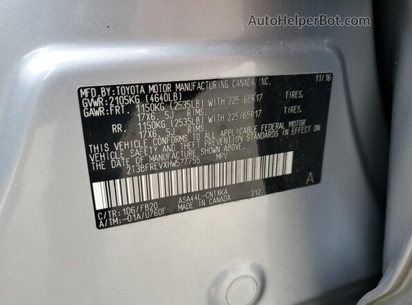 2T3BFREVXHW577755 2017 TOYOTA RAV4 Silver VIN կոդի պիտակի տեսք