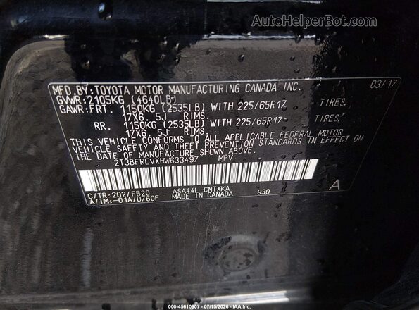 2T3BFREVXHW633497 2017 TOYOTA RAV4 Black Engine compartment view