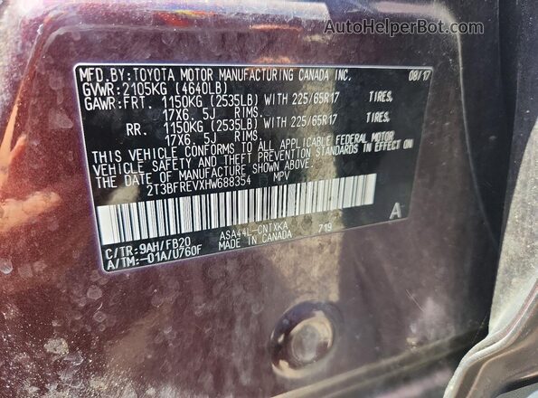 2T3BFREVXHW688354 2017 TOYOTA RAV4 Burgundy Вид наклейки з VIN-кодом