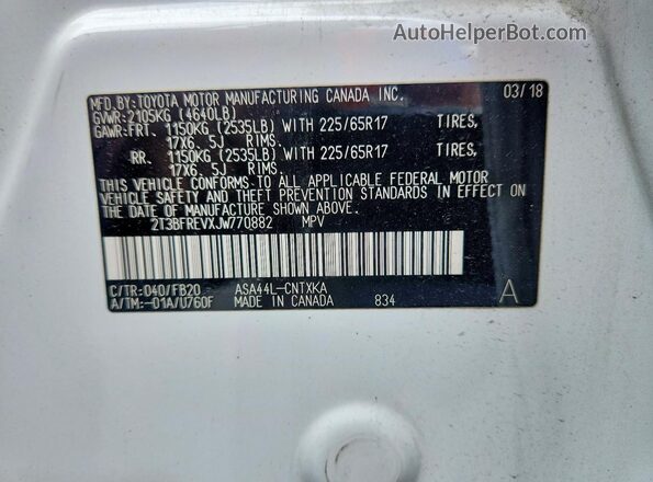 2T3BFREVXJW770882 2018 TOYOTA RAV4 White Widok naklejki z numerem VIN