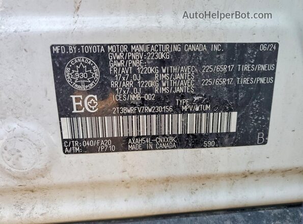 2T3BWRFV7RW230156 2024 TOYOTA RAV4 White Vista de la etiqueta del VIN